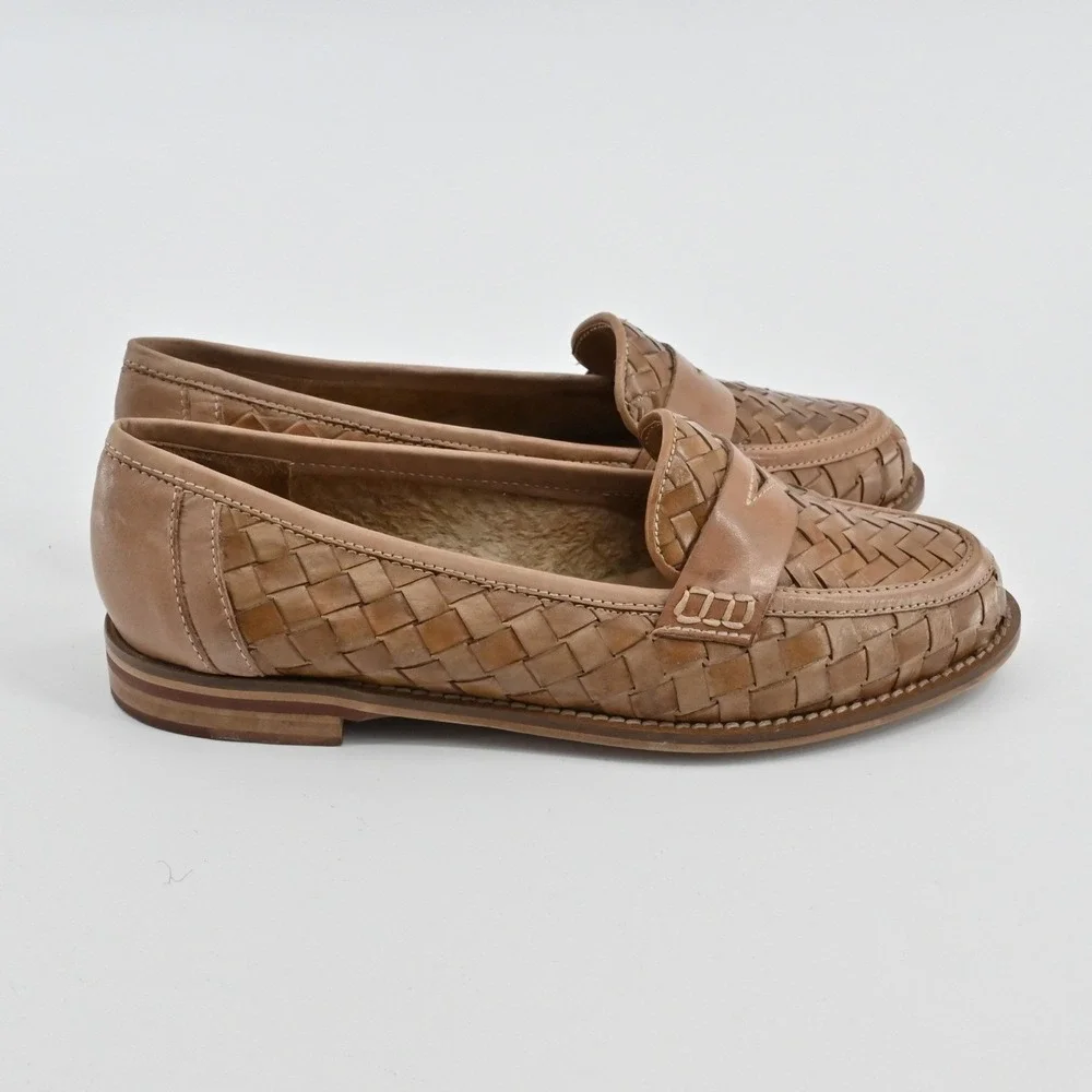 Sesto Meucci Woven Leather Penny Loafers in Tan